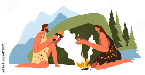 Man and woman making fire, prehistoric scenery