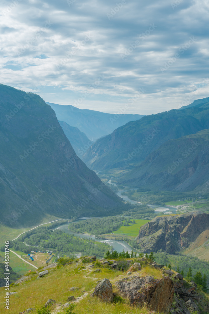 Aerial view of the viewpoint at the top of the Katu-Yaryk pass and the canyon of the Chulyshman river valley, Altai photo by drone