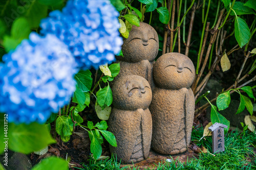 Jizo statues and hydrangea flowers.