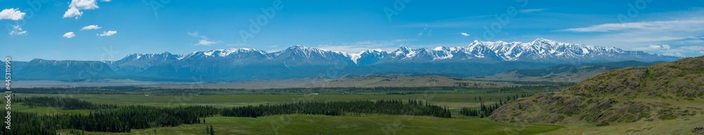 Panoramic view of the Kuraiskaya steppe and the snow-covered mountain slopes of the Chuisky ridge, Altai photo