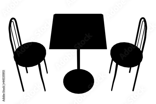 Silhouette of a table and two chairs isolated on a white background. Vector illustration