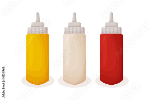 Mustard, ketchup, mayonnaise sauces in squeeze bottles for fast food, illustration cartoon icons isolated background.