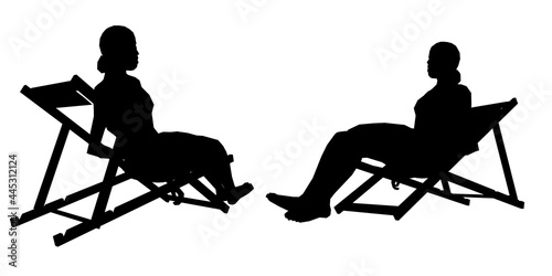 Set with silhouettes of a girl sitting on a summer armchair in various positions isolated on a white background. Vector illustration