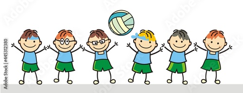 volleyball, sports team, six happy kids with ball , boys, funny vector illustration.
