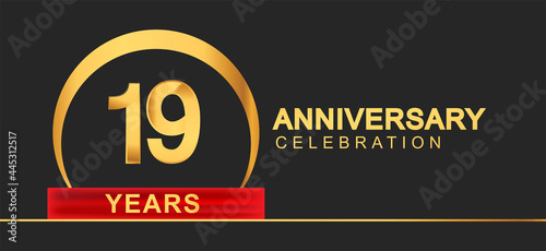 19th years anniversary celebration with elegant golden color and ring, red ribbon for anniversary celebration
