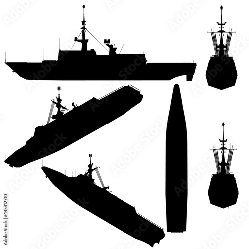 Set with silhouettes of a combat ship in various positions isolated on a white background. Vector illustration