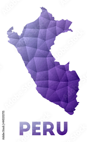 Map of Peru. Low poly illustration of the country. Purple geometric design. Polygonal vector illustration.