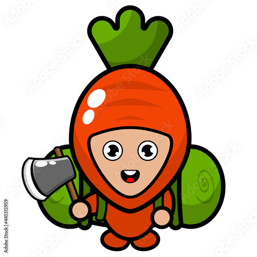 cartoon vector cute carrot mascot character carrying a camping bag and holding an ax