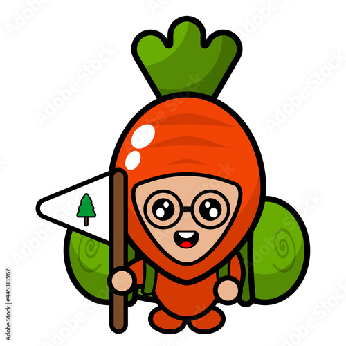 cartoon vector cute carrot mascot character carrying a camping bag and holding a flag