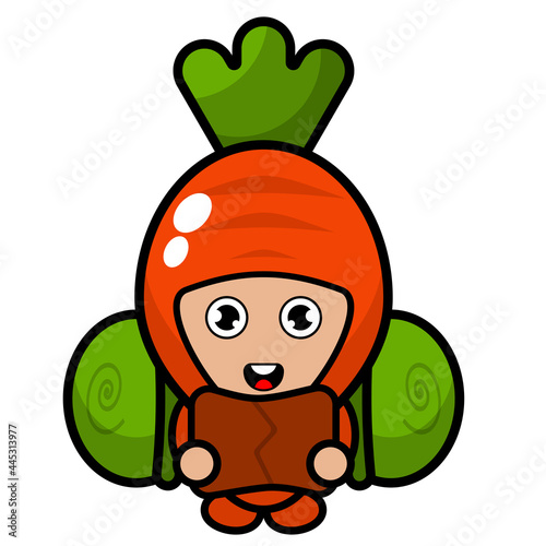 Cartoon vector cute carrot mascot character carrying a camping bag and holding a map