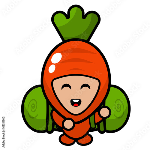 cartoon vector cute carrot mascot character carrying a camping bag in dubbing style