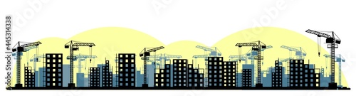 Construction of a new microdistrict of the city. Silhouette. Cranes and Tractors. Modern technologies and equipment. Isolated on white background illustration vector