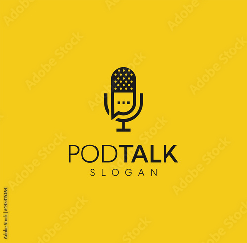 Podcast mic with talk chat bubble logo icon design Vector illustration. broadcast logo studio template. pictogram for web site design and mobile apps