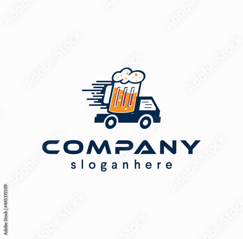 Beer delivery logo with truck icon drink design vector illustration. craft brewery beverage car vehicle label transport service