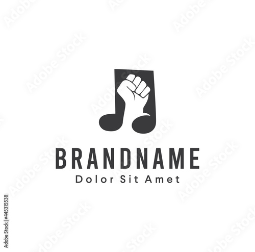 Music note with fist hand logo Design Vector Illustration. Rising hand holding musical note logo template freedom icon. hand protest music logo emblem