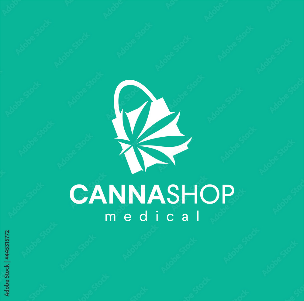 Medical Cannabis Shop Logo Emblems Label Design Vector illustration. Medicine store Market Leaves Marijuana hemp weed Logo health Icon Nature. Shopping bag and leaf cannabis organic