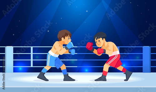 Boys before a boxing match. The guys in the gloves start fighting. Sports, martial arts concept cartoon vector illustration