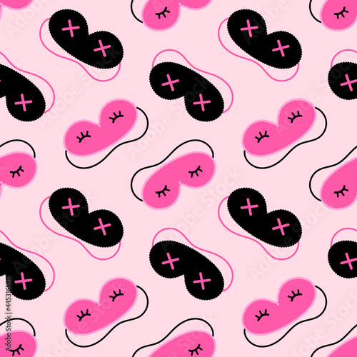 Cute pink and black sleep masks with eyelashes and cross symbols  vector seamless pattern background for sleep or spa design.