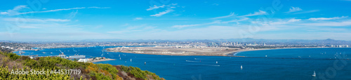 Panoramic view of San Diego Bay and Coronado Island from observation point at Cabrillo National Monument on Point Loma peninsula