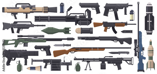Military weapon. Army weapons, rocket, grenade launcher, machine gun and bazooka isolated vector illustration set. Automatic weapon collection
