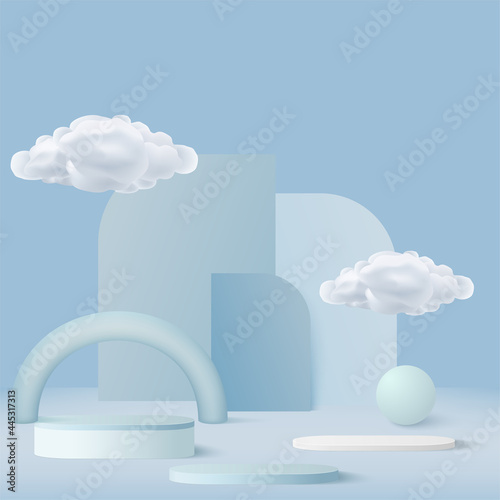 Abstract background with blue color geometric 3d podiums and clouds. Vector illustration