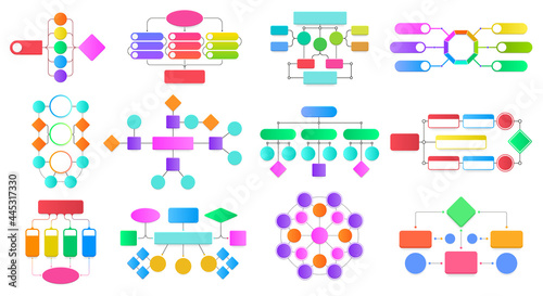 Flowchart infographic diagrams. Block flowchart diagrams, work process structure presentation schemes vector illustration set. Workflow steps schemes