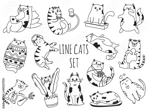 Line doodle cats set. Cute kittens working on laptop, eating burger, playing with ball of threads and listening to music