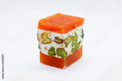 apricot covered Nougat and Malban Arabian and Lebanese Sweets isolated white background 