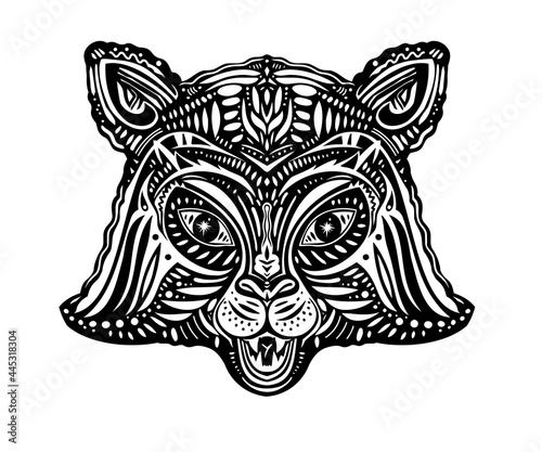 Tiger exotic animal head in lunar zodiac style. Hand drawn wild cat magic composition retro traditional tattoo style.