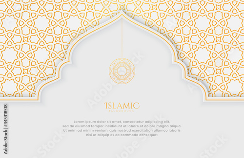 Elegant Islamic white and golden luxury background with decorative patterns for Eid Mubarak celebration or greeting card
