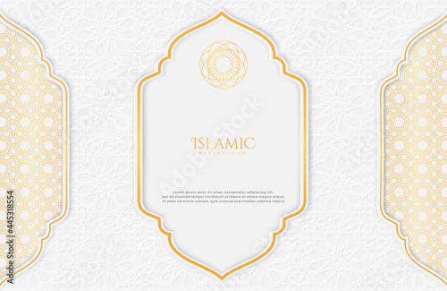 Elegant Islamic white and golden luxury background with decorative patterns for Eid Mubarak celebration or greeting card