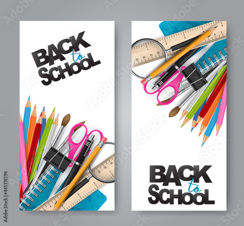 School banner background or gift card. Realistic 3d study supplies flyer or brochure set. Education concept. Vector illustration.