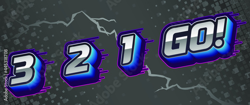 3 2 1 go dynamic letters. Graphic for video intro, sports match, versus, race, mma, cybersport. Preset for social media networks. Lightning strike on a background. Eps10 vector