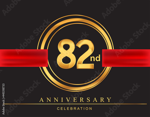 82nd anniversary design logotype golden color with ring and red ribbon for anniversary celebration  elegant design.