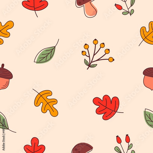 Seamless pattern with fall orange, red and green leaves, acorns, mushrooms and berries. Any size without seams, pattern is in the swatches pannel. Vector illustration