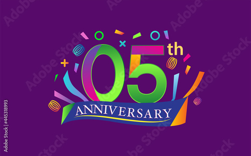 celebration 5th anniversary background with colorful ribbon and confetti. Poster or brochure template. Vector illustration.