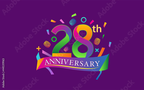 celebration 28th anniversary background with colorful ribbon and confetti. Poster or brochure template. Vector illustration.