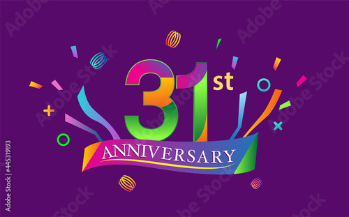 celebration 31st anniversary background with colorful ribbon and confetti. Poster or brochure template. Vector illustration. photo