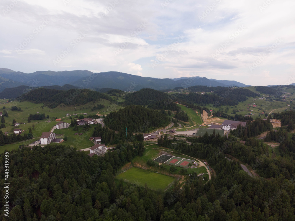 Aerial view of a resort on top af a mountain. Carpathian Mountains, Bucegi Mountains, Romania
