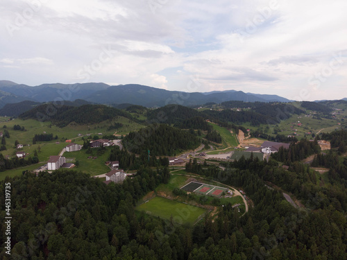 Aerial view of a resort on top af a mountain. Carpathian Mountains, Bucegi Mountains, Romania
