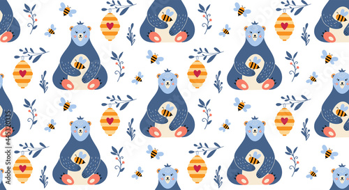 Obraz na płótnie Seamless pattern with bear honey and bee