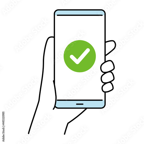 チェックマーク画面のスマートフォン　キャッシュレス決済や承認画面　線画カラー