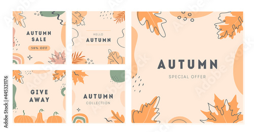 Set of vector minimal cards with abstract shapes, pumpkin and autumnal leaves. Autumn sale trendy post templates for social media. Modern square banners with copy space for text. Flat Illustration.