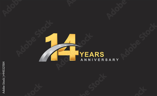 14th years anniversary logo with golden ring and silver swoosh isolated on black background, for birthday and anniversary celebration.