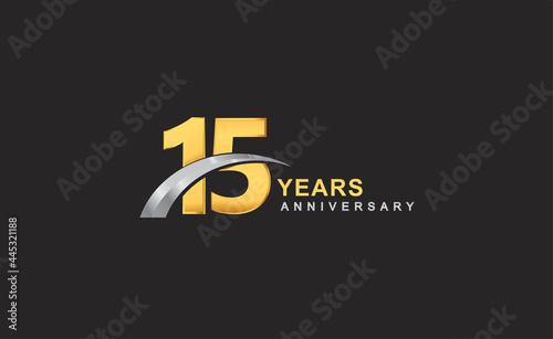 15th years anniversary logo with golden ring and silver swoosh isolated on black background, for birthday and anniversary celebration.