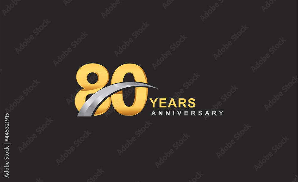 80th years anniversary logo with golden ring and silver swoosh isolated on black background, for birthday and anniversary celebration. 80th years anniversary logo with golden ring and silver swoosh isolated on black background, for birthday and anniversary celebration.