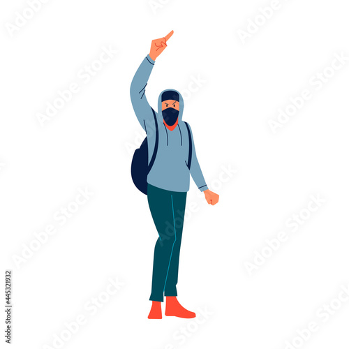 Youth anarchist man in a dark hood and mask demands change, stands in a pose against the authorities with his hands raised at street riots. Flat style character vector illustration isolated