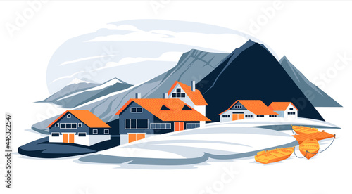 Flat nordic mountains and sea coast fishing village landscape illustration. Cartoon colorful cold palette.