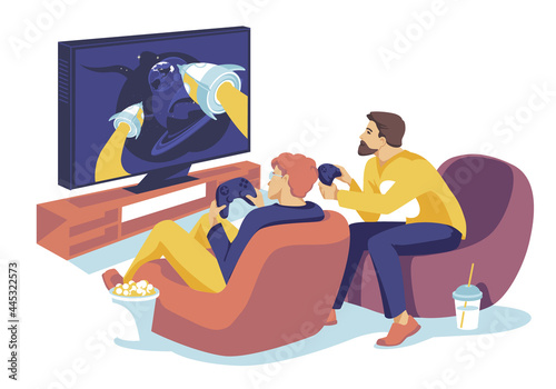 Two guys playing together in a computer game on big monitor. Technology, jostick. Colorfull flat cartoon illustration.