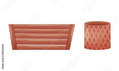 Shaped Ceramic or Clay Empty Pot and Wooden Crate for Decorative Flowers Vector Set
